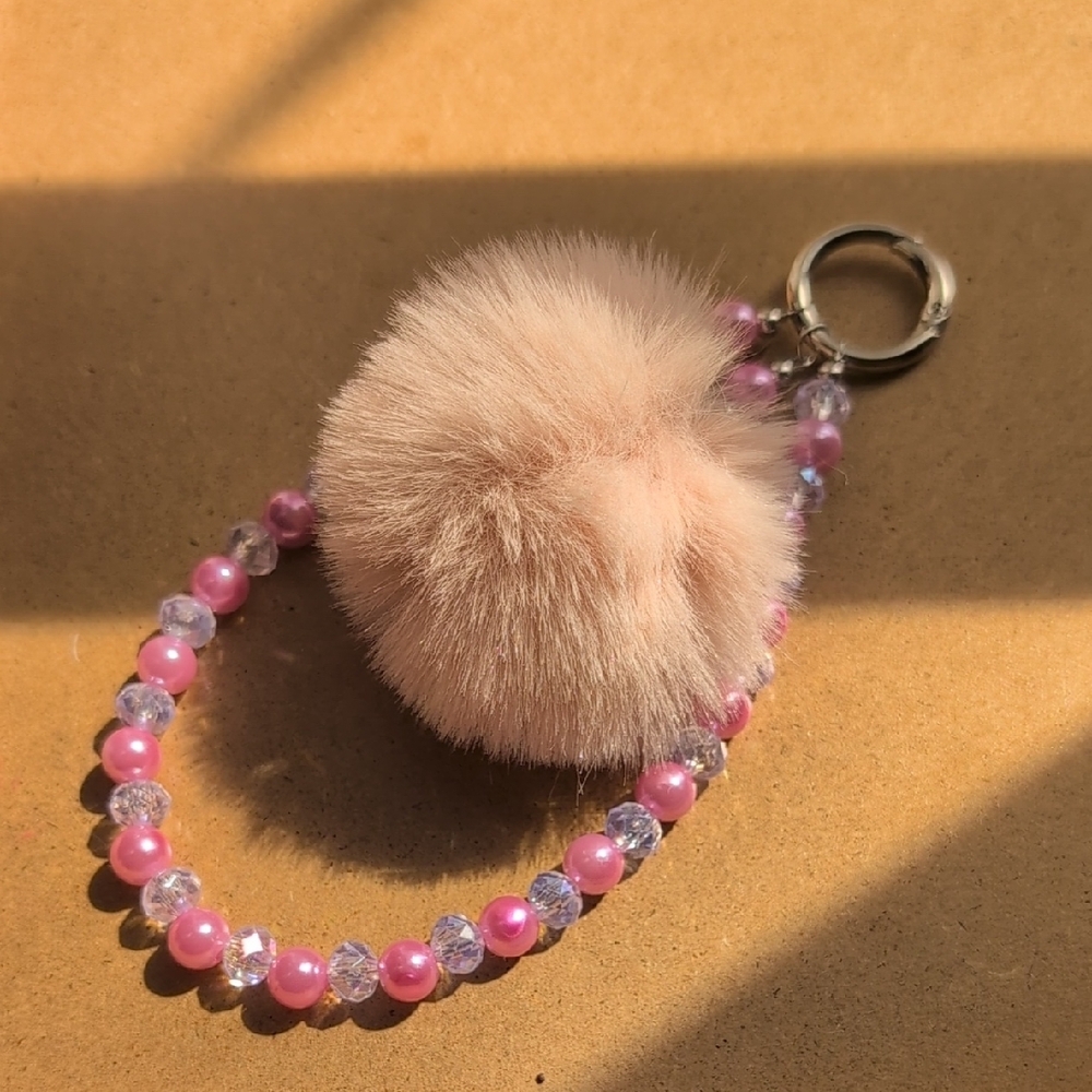 Pink Faux Fur Pom Pom Beaded Keychain Charm - Picture 5 of 6